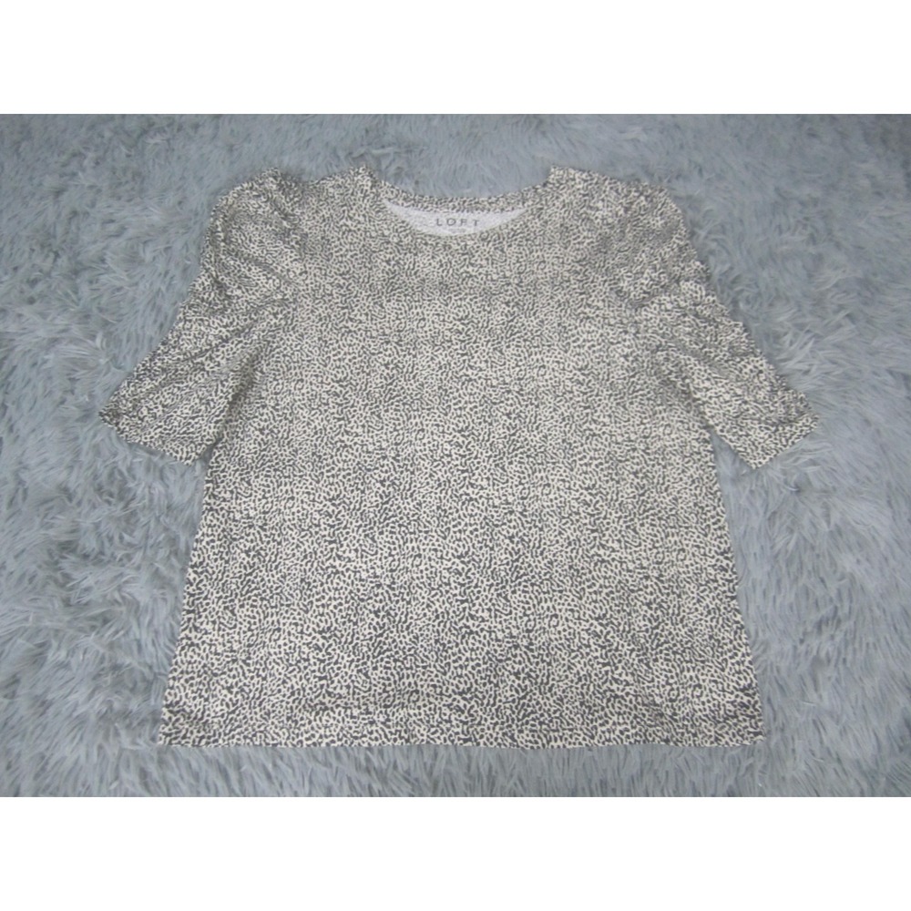 LOFT Shirt Womens Large White Animal Print Puff Sleeve Jersey Top Crew Neck